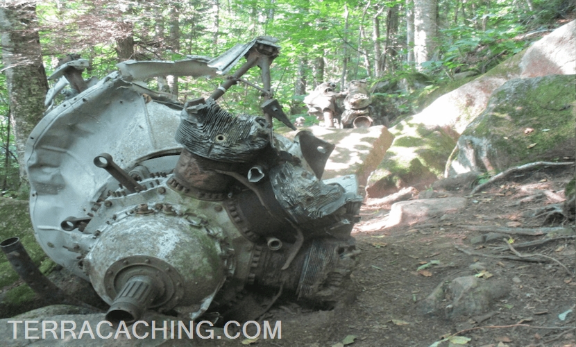 Airplane engine wreckage in forest